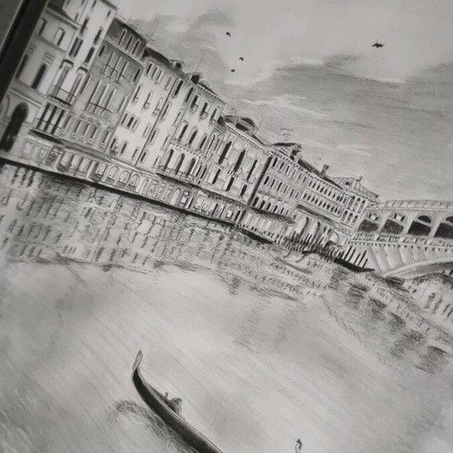 Venice picture handmade, pencil and charcoal artwork with frame new