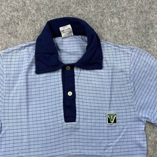 Vintage Victor 100% Cotton Polo XS used, light-blue grid with navy trim