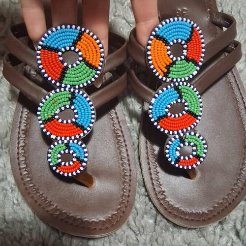 Sandals with beads new, brown multicolor, size 38