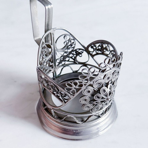 Soviet Silver-Plated Filigree Tea Glass Holders Pair Used