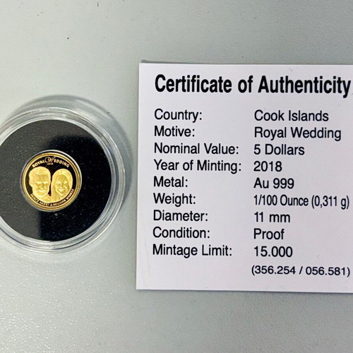 Cook Islands 5 Dollars Gold Coin 999 Elizabeth II Royal Wedding Harry and Meghan new