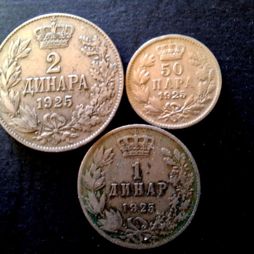 Coins 2 Dinars, 1 Dinar, 50 Paras used, 1925 Yugoslavia series