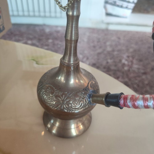 Decorative hookah vintage style metal with embossed designs and fabric hose like new