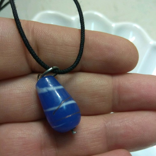 Handmade glass pendant blue bead 2.5cm teardrop shape with white stripe like new
