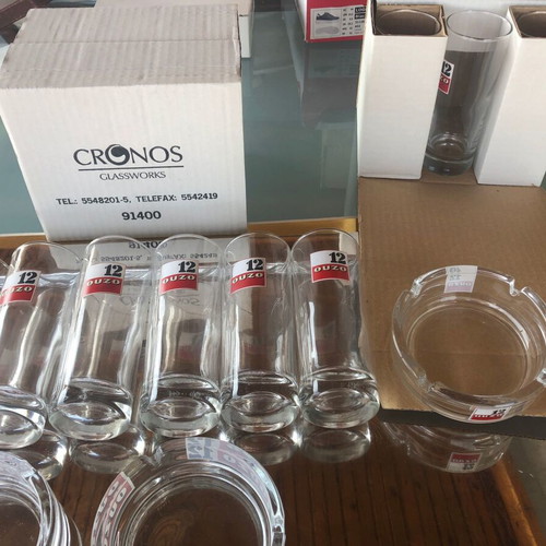 Ouzo 12 Glasses and 3 Ashtrays New in Box