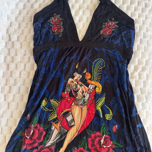 Y2k Ed Hardy dress like new, collectible, blue multicolor