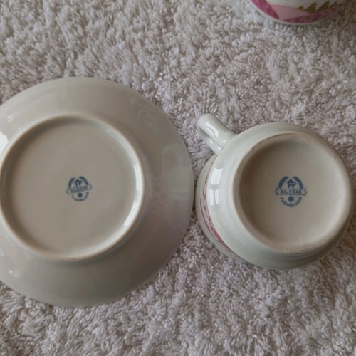 Greek coffee cups used, porcelain set of 5 with saucers