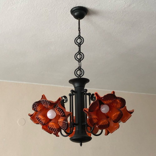 Vintage ceiling light used, metal and glass