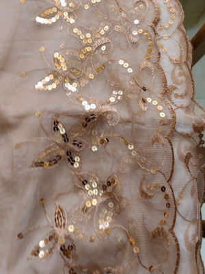 Silk Soufli Scarf Brown-Red with Gold Sequins and Fringes