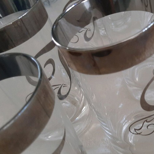 Water glasses used with monogram T, set of 7, silver