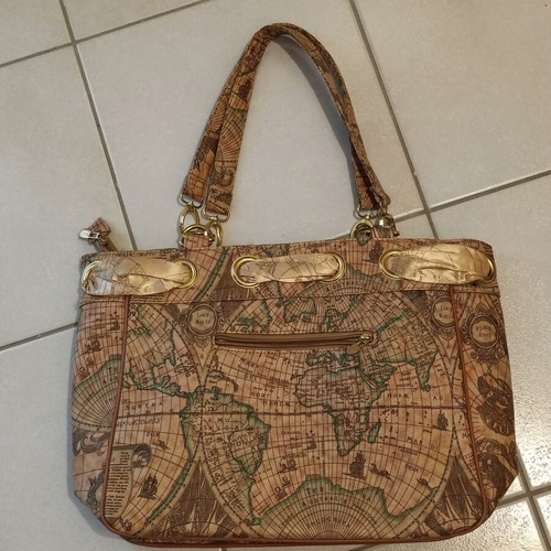 Shoulder bag with world map used, beige