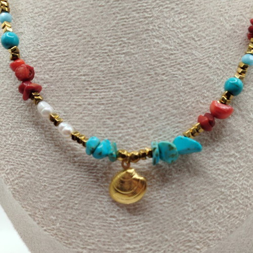 Handmade necklace with turquoise, howlite, coral, pearl, hematite, stainless steel