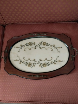 Serving tray used, wooden with embroidery