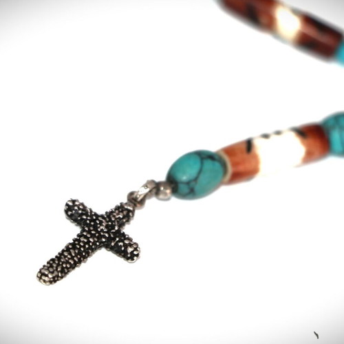 Rosary necklace new with carved bones, semi-precious stones and 925 silver cross