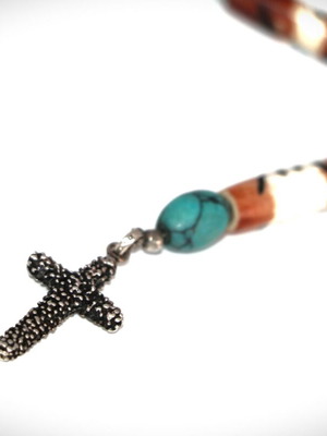 Rosary necklace new with carved bones, semi-precious stones and 925 silver cross