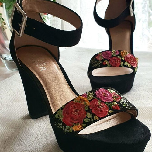 Sandals new with hand-painted flowers, faux suede, size 37