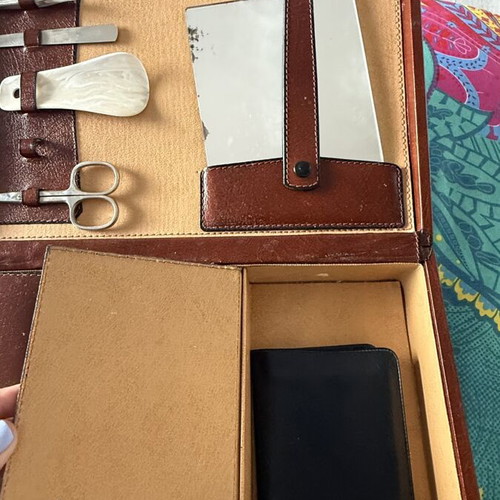 Leather travel grooming and shoe care set used