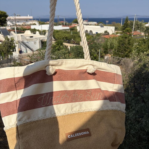 Calzedonia beach shoulder bag, boho summer style, striped beige and brick