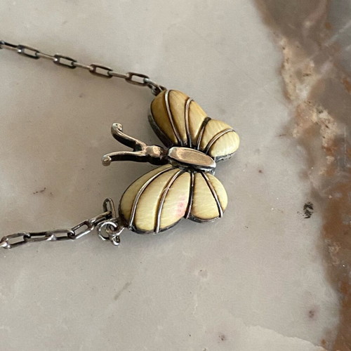 Silver butterfly necklace used vintage