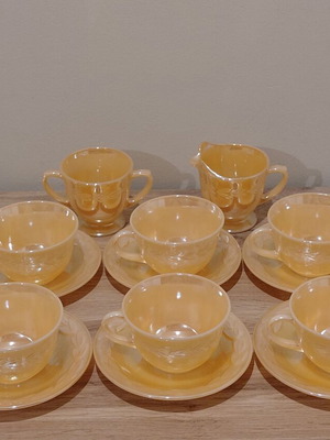 Anchor Hocking vintage tea set used, 6 large cups with saucers, sugar and creamer