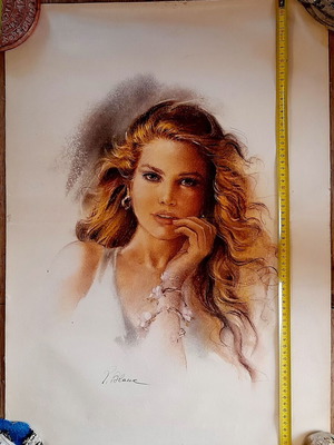 Vintage πόστερ σε καμβά γυναικείο πορτρέτο R. Blanc σαν καινούργιο 70x51 εκ.
