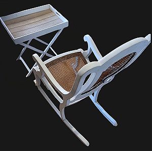 White Wooden Rocking Chair, Side Table and Stand With Removable Tray - Λευκή ξύλινη κουνιστή καρέκλα, βοηθητικό τραπέζι και βάση με αφαιρούμενο δίσκο