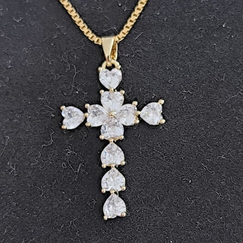 Necklace with Cross in Gold Tone and White Zircon Stones new