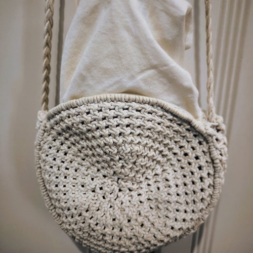 Round white macrame crossbody bag with cord, cotton