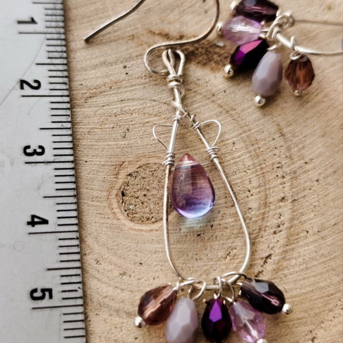 Handmade silver plated copper wire wrapped earrings with purple glass beads