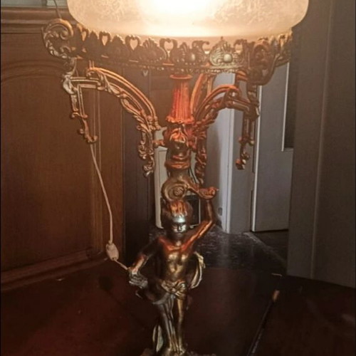 Vintage brass table lamp with angel and opaline glass, used