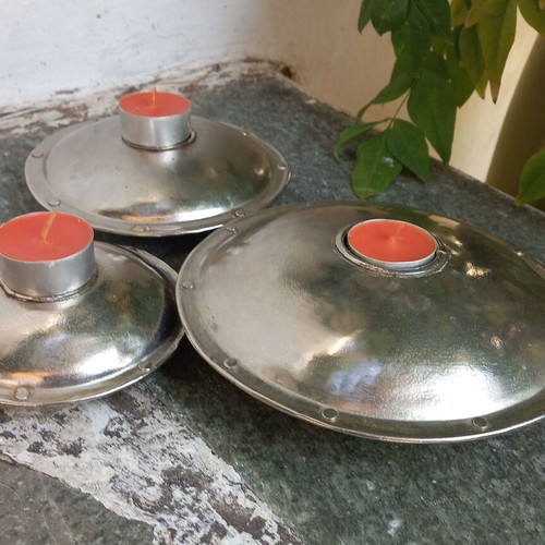 Metal candlesticks set used, 3 pieces, Indian style