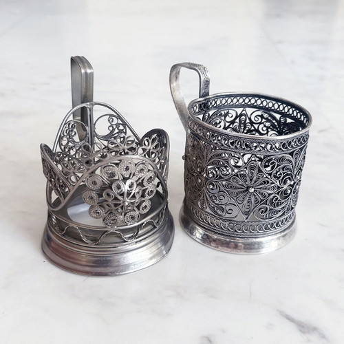 Soviet Silver-Plated Filigree Tea Glass Holders Pair Used