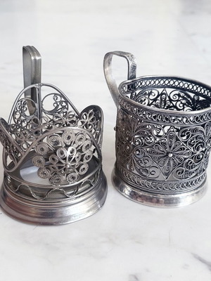 Soviet Silver-Plated Filigree Tea Glass Holders Pair Used