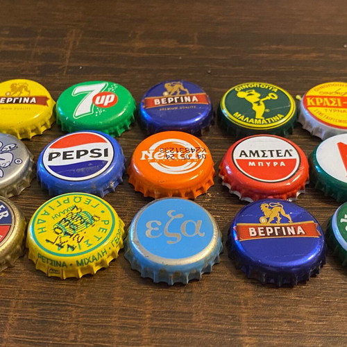 Beer and soda bottle caps used, pack of 15, Greek and foreign