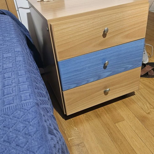 Bed with mattress and bedside table, light brown, 2.00m x 90cm
