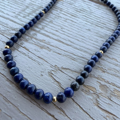 Long lapis necklace, silver