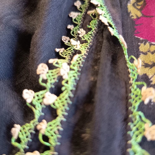 Vintage black scarf with floral design and handmade needle lace, like new