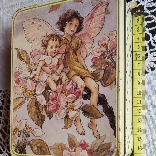 Vintage metal box with fairies used, 16x12x5 cm