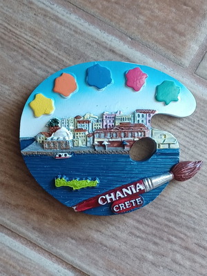 Handmade ceramic fridge magnet Crete with Venetian harbor design