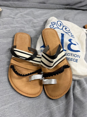 Boho leather sandals with stripes and pom pom new