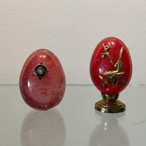 Glass egg set used, vintage decorative with metal details