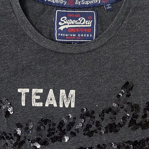 Superdry Women T-Shirt charcoal grey sequin logo Team 65 size S like new