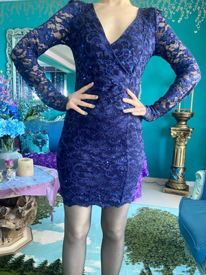 Blue lace mini dress with sequins like new, size S