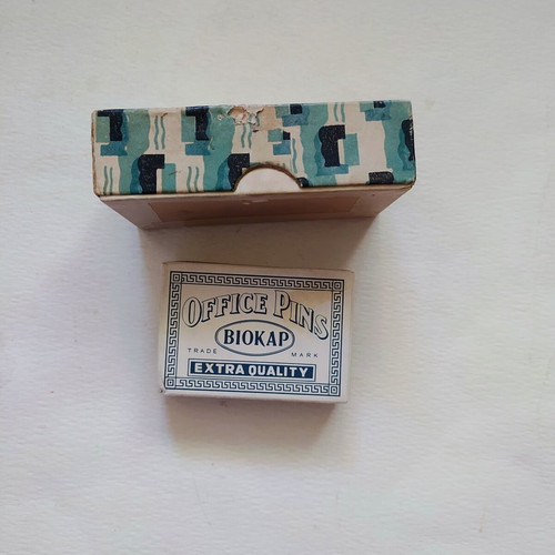 Vintage office set with Biokap pins and Smyrli bookstore box