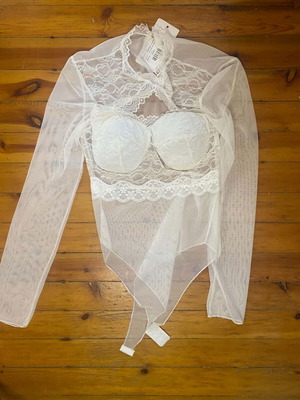 Κορμάκι Decoro με see through και δαντέλα, λευκό, καινούργιο