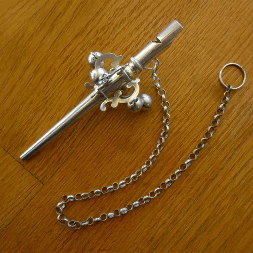 17th Century Dutch Antique Silver Baby Rattle Whistle used