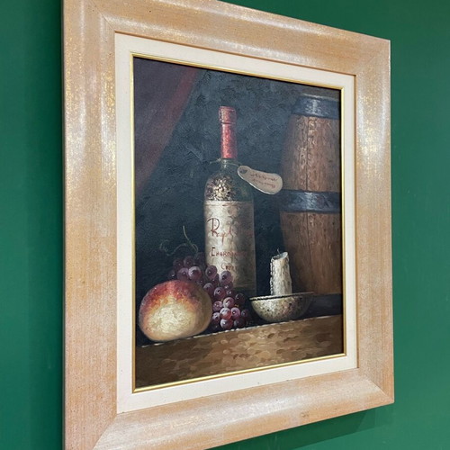 Oil painting used with wine bottle theme in frame
