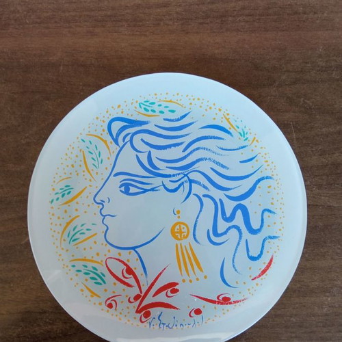 Πιάτο Σταθόπουλος καινούργιο, ζωγραφική σε γυαλί, διάμετρος 20 εκ.