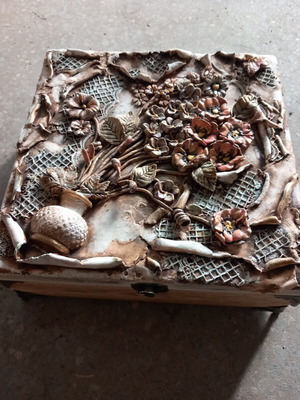 Wooden box with handmade clay decoration and interior mirror