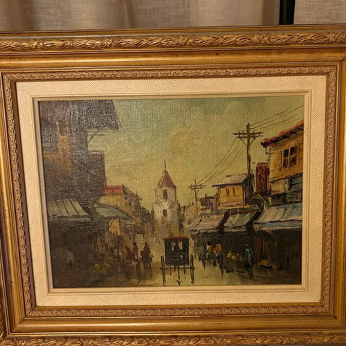 Oil painting on canvas like new with frame, colonial landscape